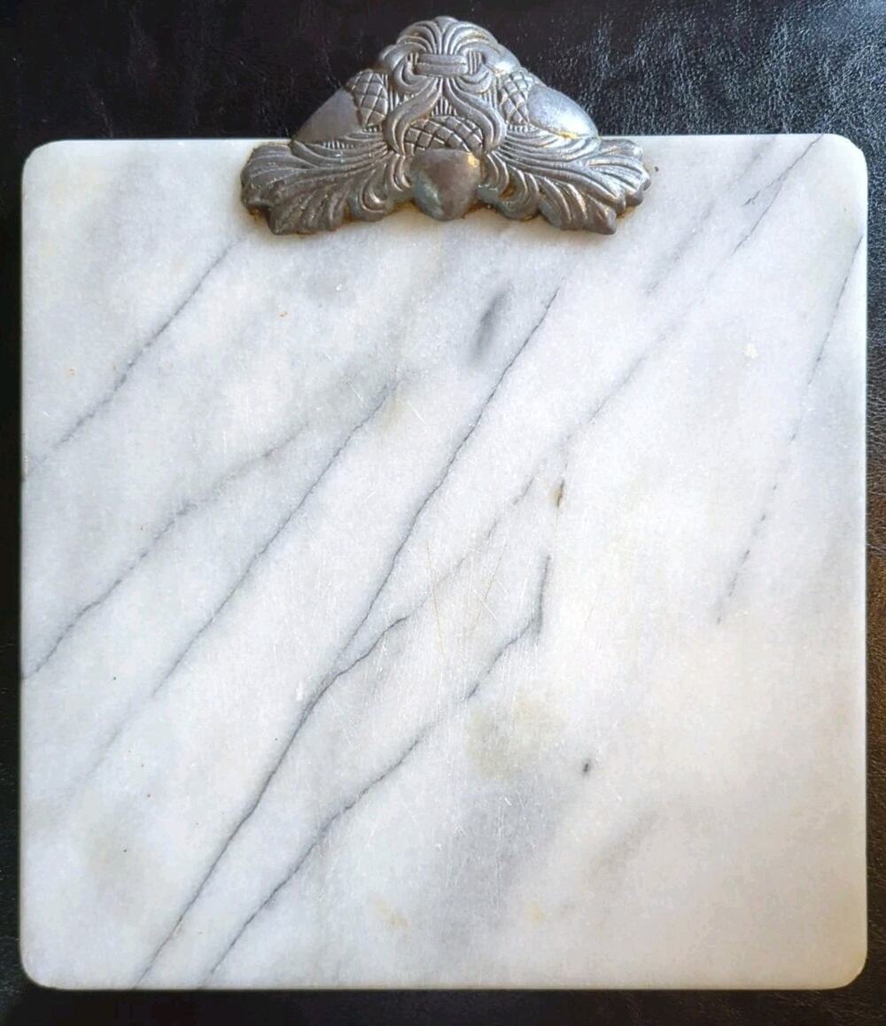 Vintage Square Marble Cheese Tray Cutting Board Gray 10.5" × 9" Pewter Handle